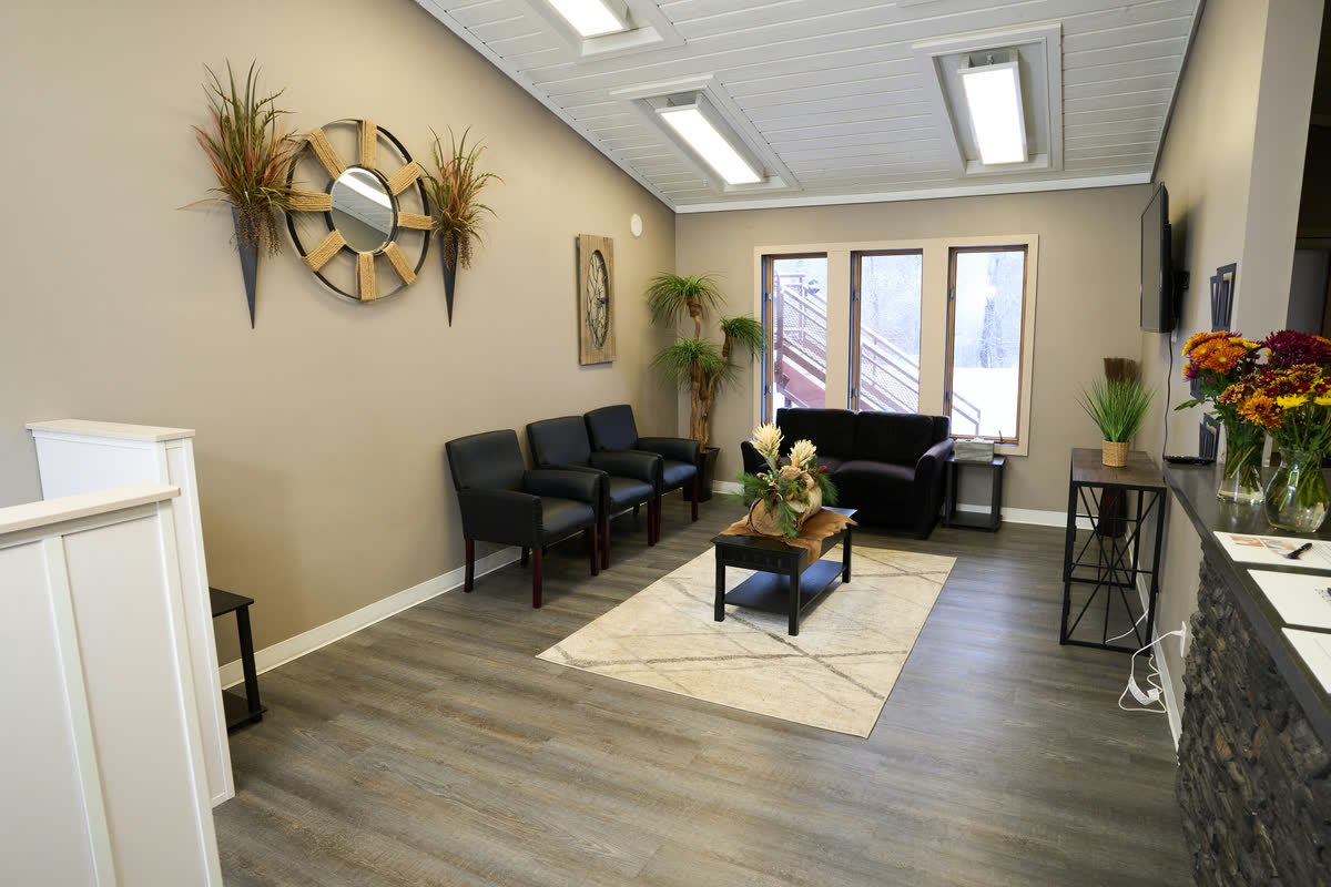 The waiting room at Goose Creek Dental Clinic, with snow visible through the windows.
